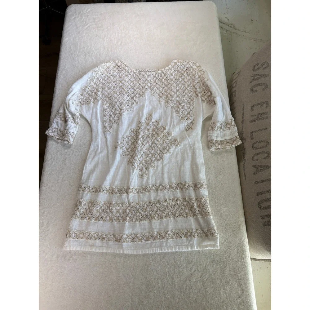 Free People White‎ Embroidered Boho Open-Back Tunic Top XS Cotton Peasant